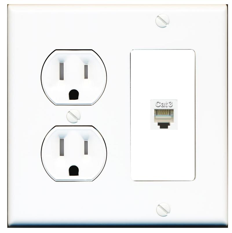 RiteAV PHONE Wall Plate with Round Tamper Resistant Power Outlet [White]