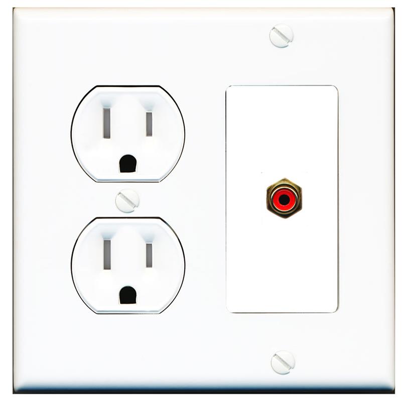 RiteAV RCA-RED Wall Plate with Round Tamper Resistant Power Outlet [White]