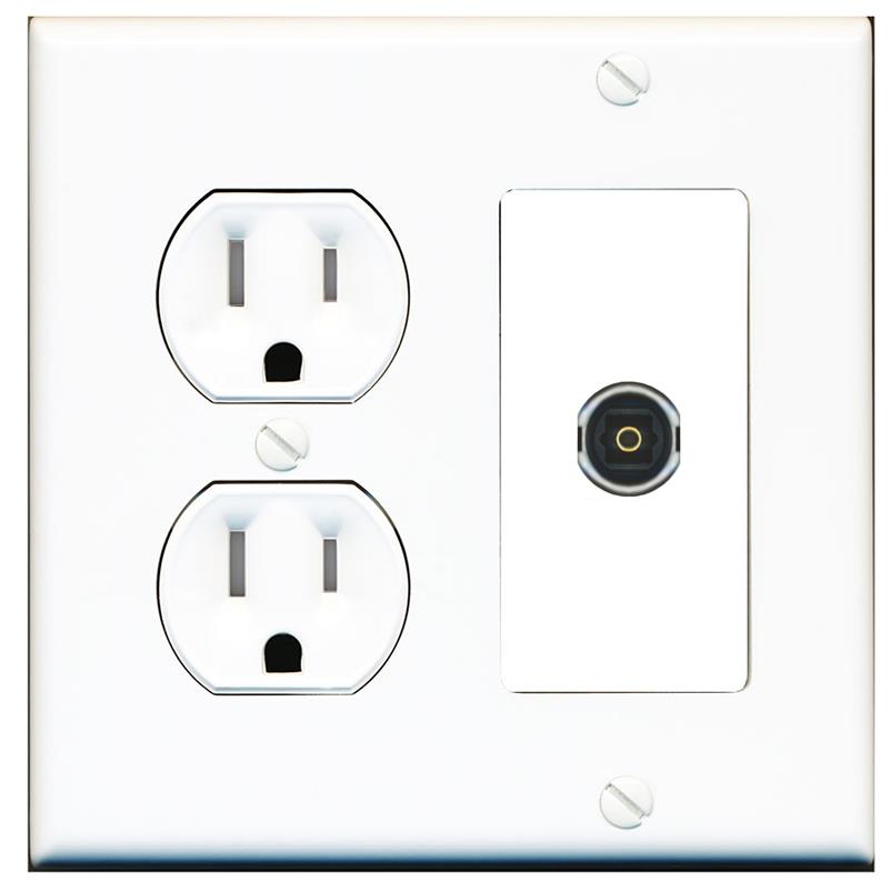 RiteAV TOSLINK Wall Plate with Round Tamper Resistant Power Outlet [White]