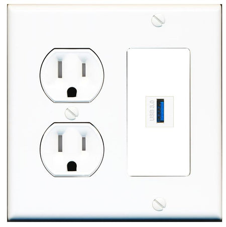 RiteAV USB-3 Wall Plate with Round Tamper Resistant Power Outlet [White]