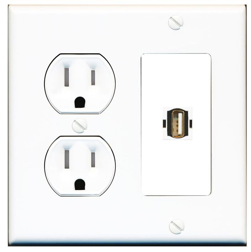 RiteAV USB2 Wall Plate with Round Tamper Resistant Power Outlet [White]