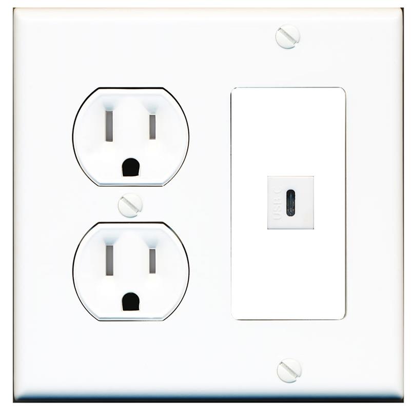 RiteAV USBC Wall Plate with Round Tamper Resistant Power Outlet [White]