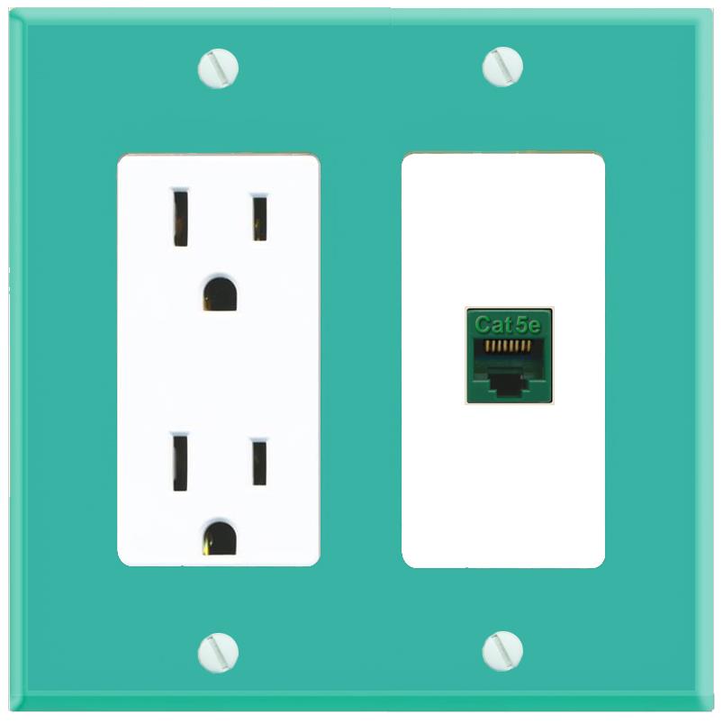 RiteAV CAT5E-GREEN Wall Plate with Power Outlet [Turquoise-White]