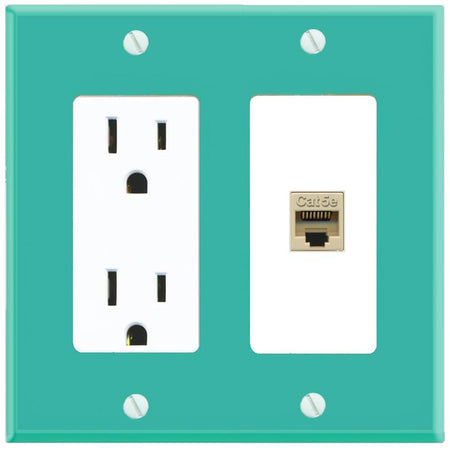 RiteAV CAT5E-IVORY Wall Plate with Power Outlet [Turquoise-White]
