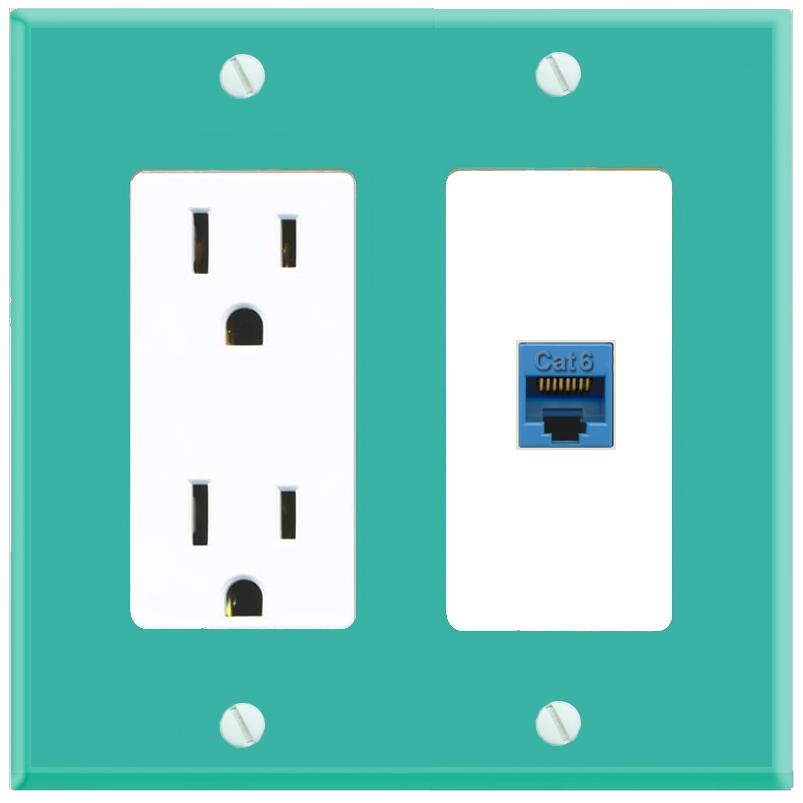 RiteAV CAT6-BLUE Wall Plate with Power Outlet [Turquoise-White]