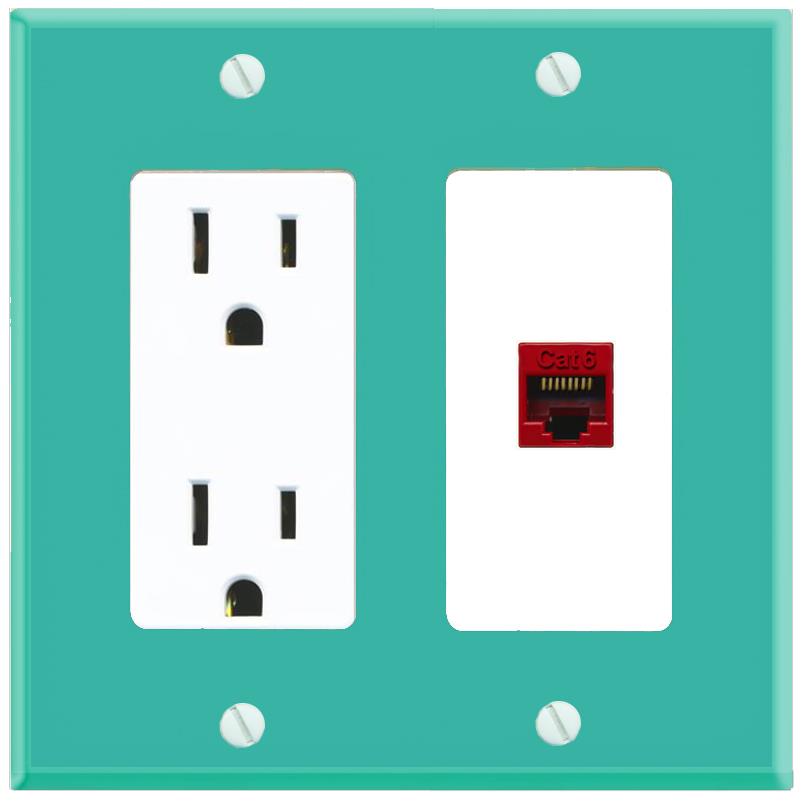 RiteAV CAT6-RED Wall Plate with Power Outlet [Turquoise-White]