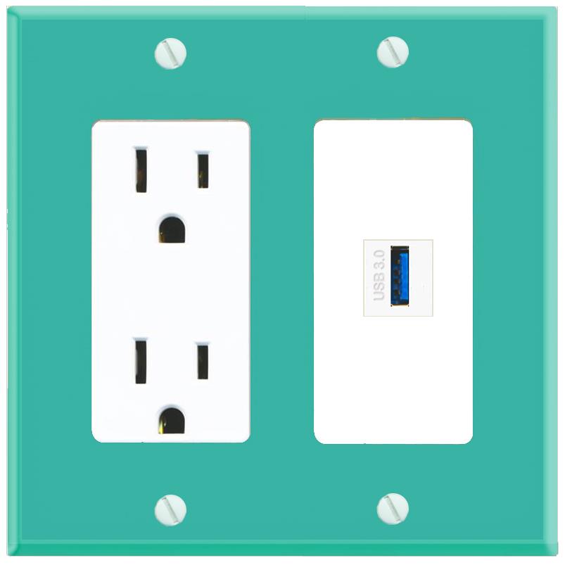 RiteAV USB-3 Wall Plate with Power Outlet [Turquoise-White]