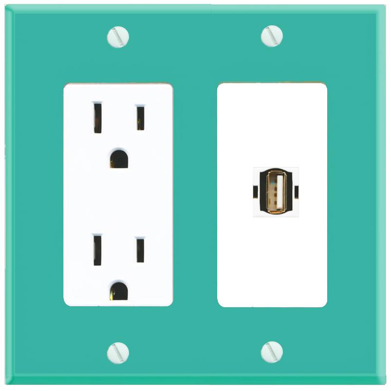 RiteAV USB2 Wall Plate with Power Outlet [Turquoise-White]