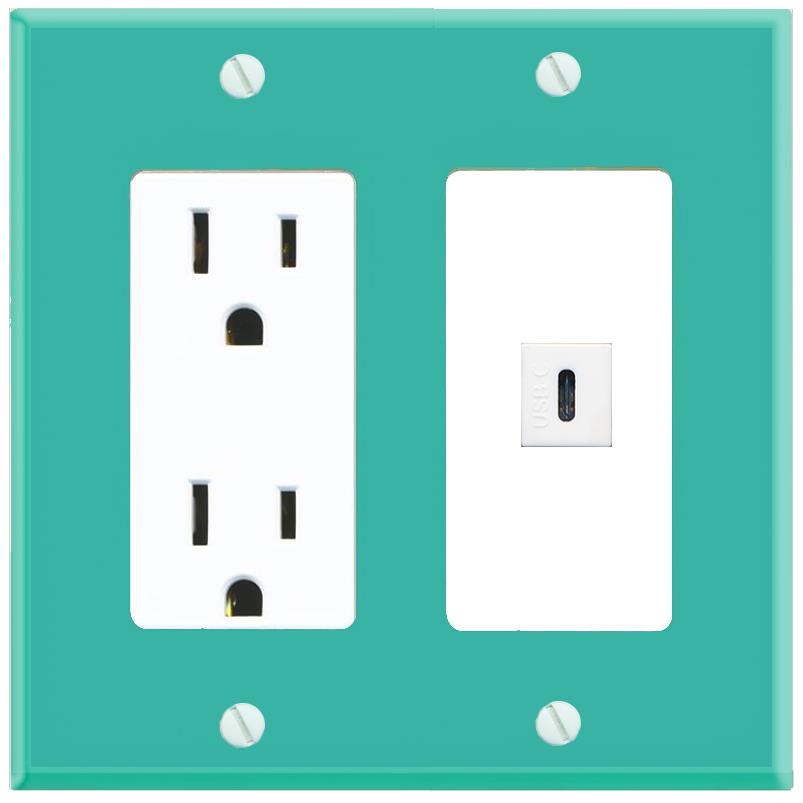 RiteAV USBC Wall Plate with Power Outlet [Turquoise-White]