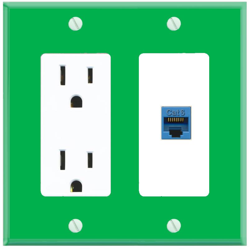 RiteAV CAT6-BLUE Wall Plate with Power Outlet [Green-White]