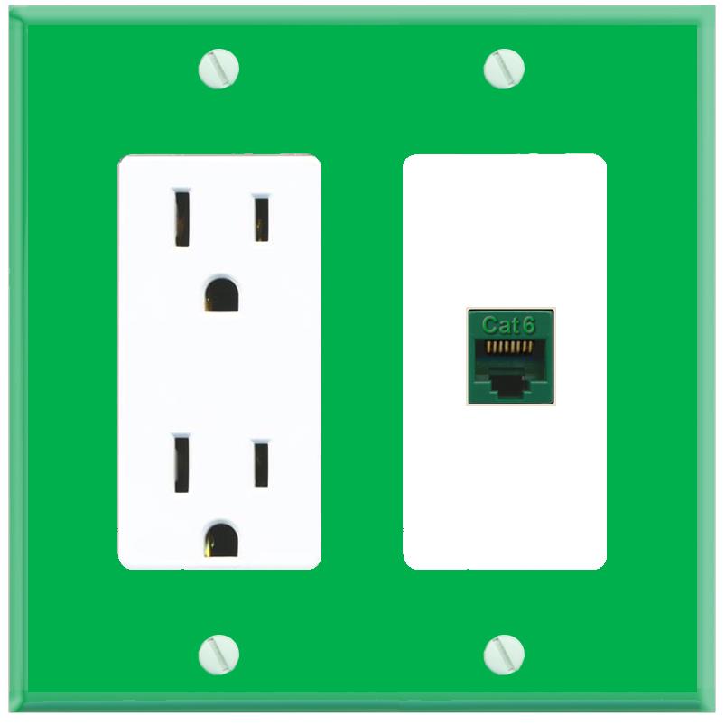 RiteAV CAT6-GREEN Wall Plate with Power Outlet [Green-White]
