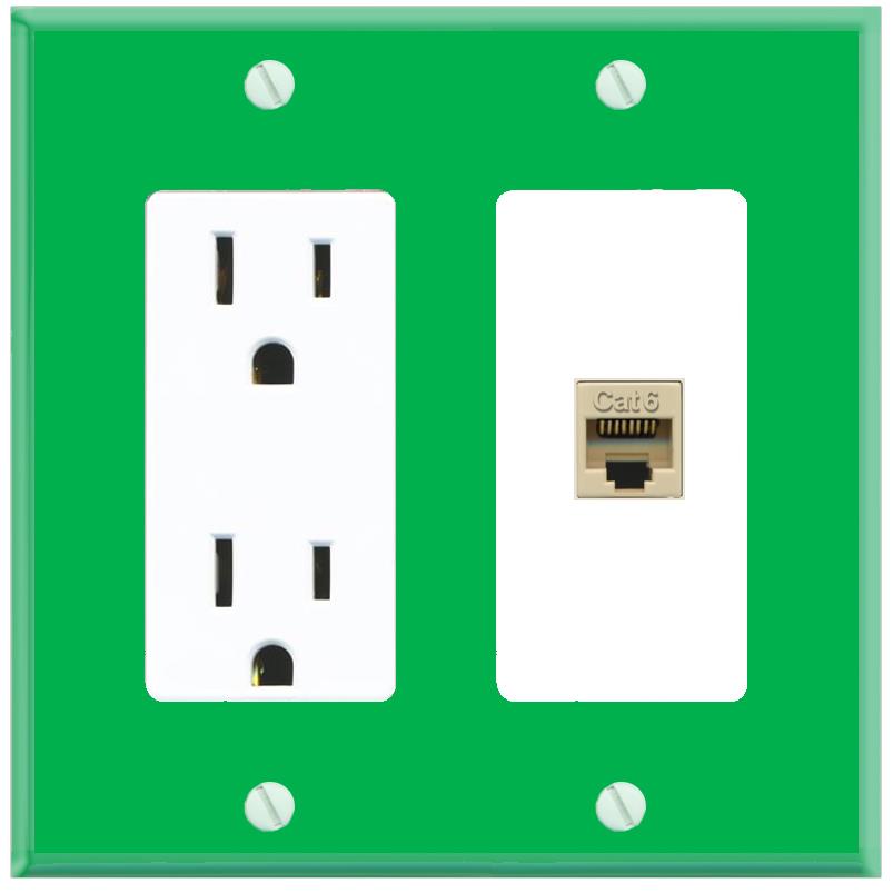 RiteAV CAT6-IVORY Wall Plate with Power Outlet [Green-White]