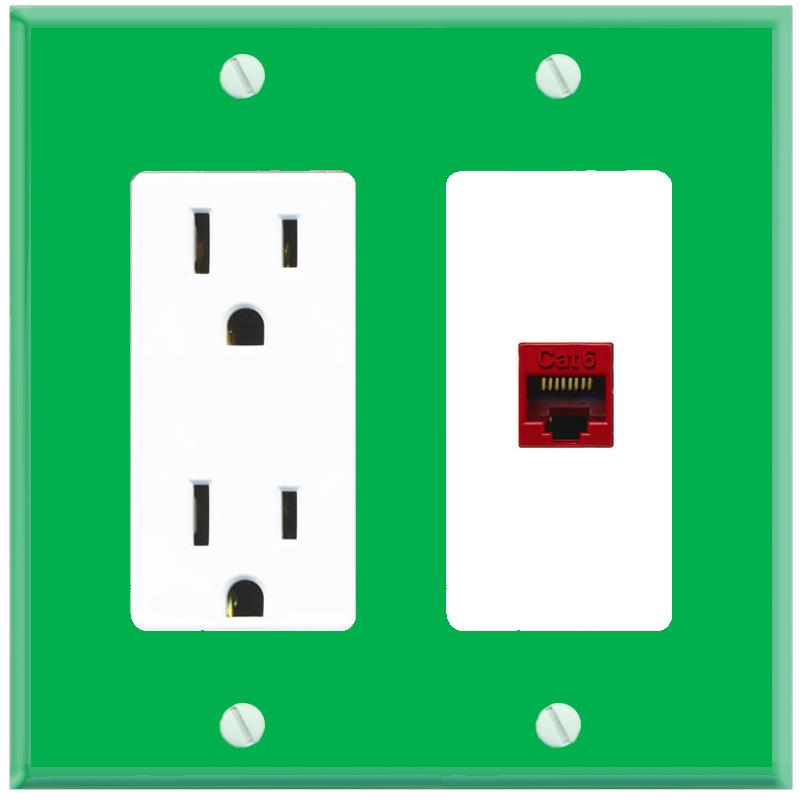 RiteAV CAT6-RED Wall Plate with Power Outlet [Green-White]