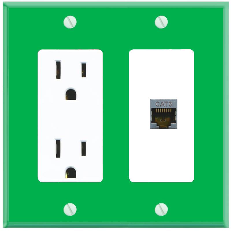 RiteAV CAT6-SHIELDED Wall Plate with Power Outlet [Green-White]