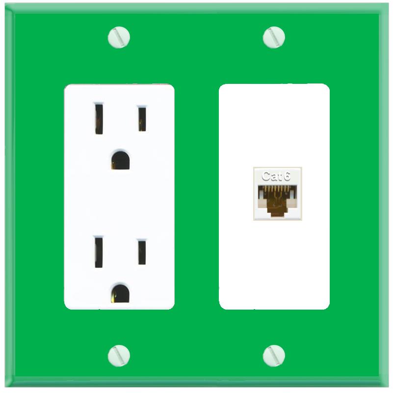 RiteAV CAT6-WHITE Wall Plate with Power Outlet [Green-White]