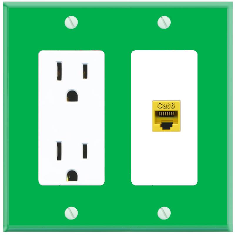 RiteAV CAT6-YELLOW Wall Plate with Power Outlet [Green-White]