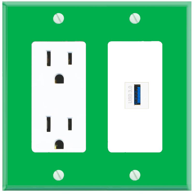 RiteAV USB-3 Wall Plate with Power Outlet [Green-White]