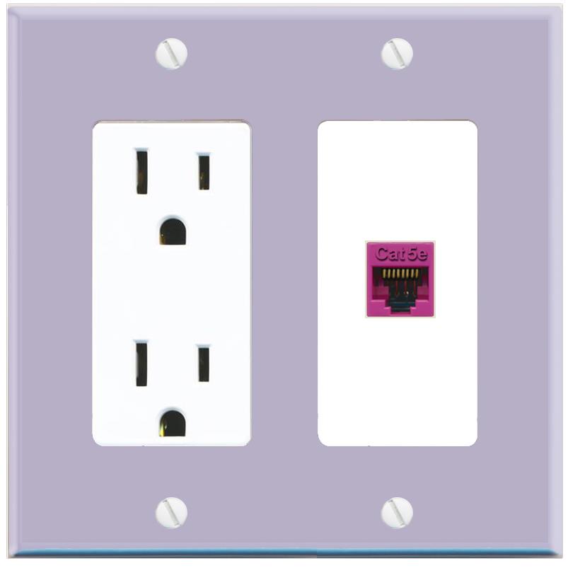 RiteAV CAT5E-PINK Wall Plate with Power Outlet [Lavendar-White]