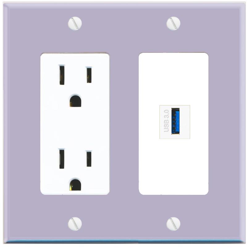 RiteAV USB-3 Wall Plate with Power Outlet [Lavendar-White]