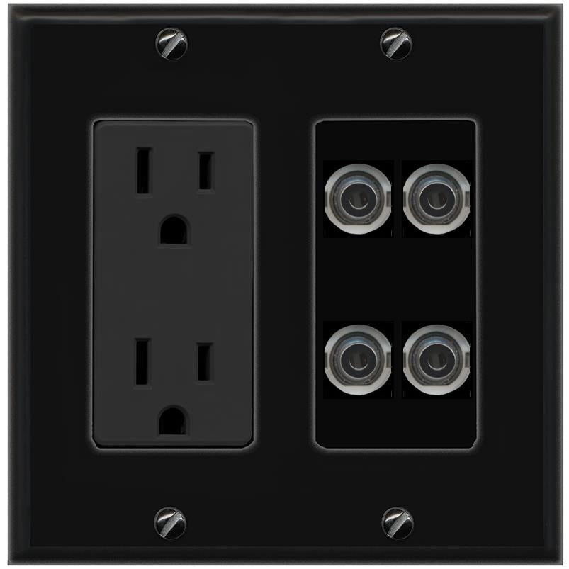 RiteAV 4 3.5mm Wall Plate with 15A Power Outlet [Black]