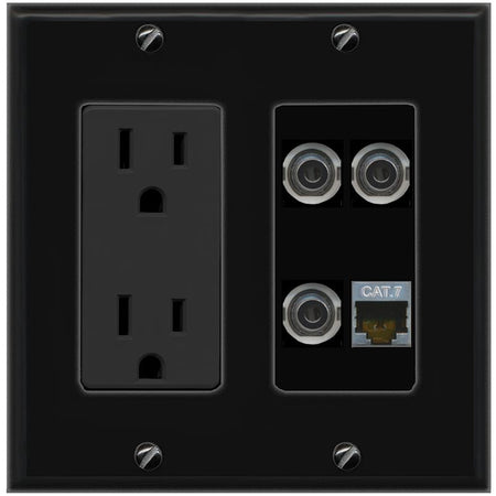 RiteAV 3 3.5mm CAT7 Wall Plate with 15A Power Outlet [Black]