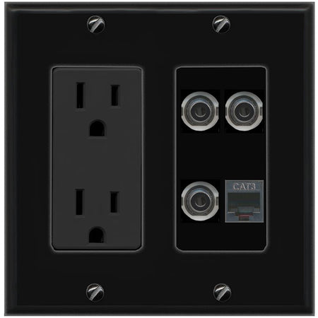 RiteAV 3 3.5mm PHONE Wall Plate with 15A Power Outlet [Black]