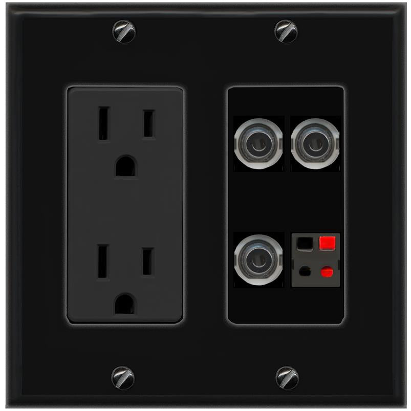 RiteAV 3 3.5mm SPEAKER Wall Plate with 15A Power Outlet [Black]