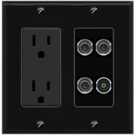 RiteAV 3 3.5mm TOSLINK Wall Plate with 15A Power Outlet [Black]