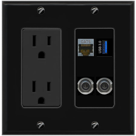2 3.5mm CAT6-SHIELDED USB-3 Wall Plate [Black]