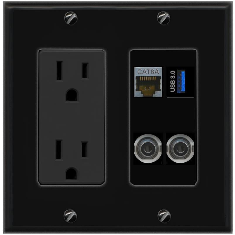2 3.5mm CAT6A USB-3 Wall Plate [Black]
