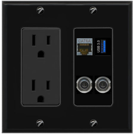 2 3.5mm CAT6A USB-3 Wall Plate [Black]