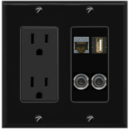2 3.5mm CAT6A USB2 Wall Plate [Black]