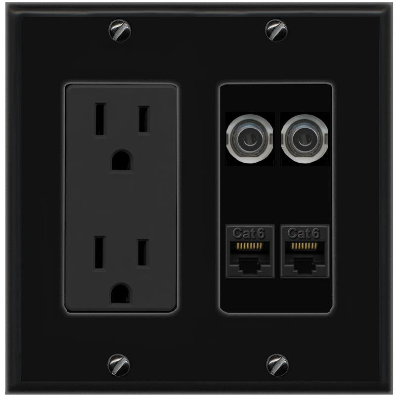 RiteAV 2 3.5mm 2 CAT6 Wall Plate with 15A Power Outlet [Black]