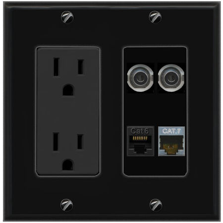 RiteAV 2 3.5mm CAT6 CAT7 Wall Plate with 15A Power Outlet [Black]