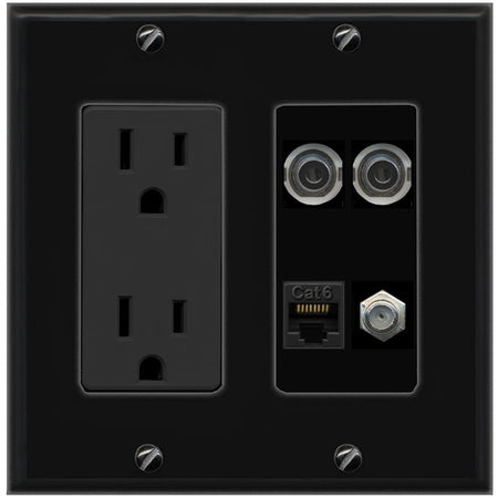 RiteAV 2 3.5mm CAT6 COAX Wall Plate with 15A Power Outlet [Black]