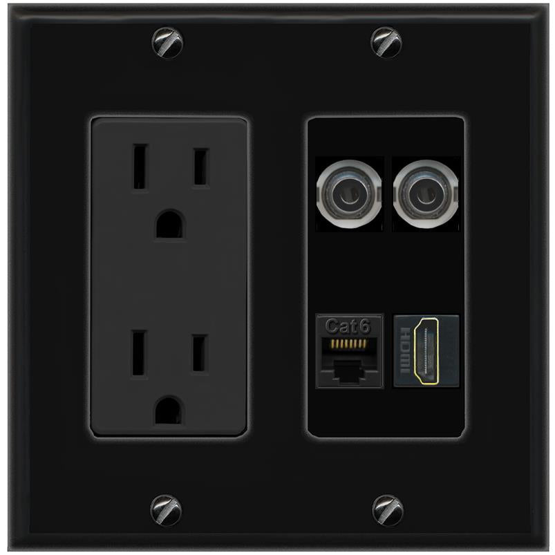 RiteAV 2 3.5mm CAT6 HDMI Wall Plate with 15A Power Outlet [Black]