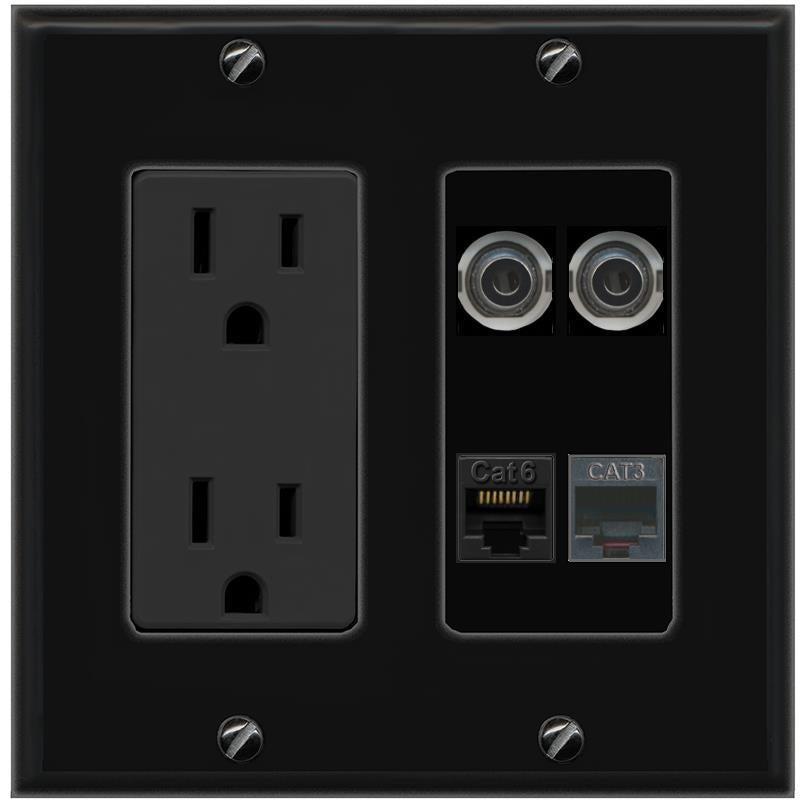 RiteAV 2 3.5mm CAT6 PHONE Wall Plate with 15A Power Outlet [Black]