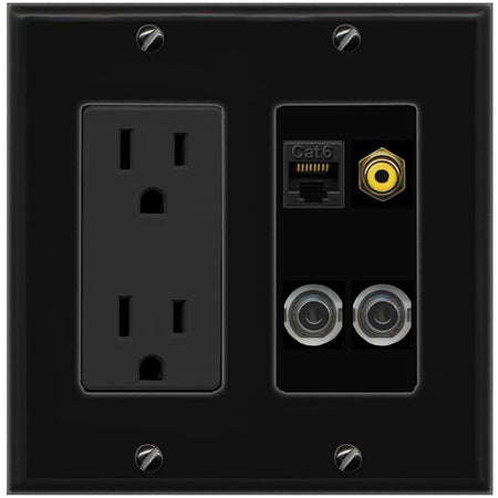 2 3.5mm CAT6 RCA-YELLOW Wall Plate [Black]