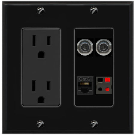 RiteAV 2 3.5mm CAT6 SPEAKER Wall Plate with 15A Power Outlet [Black]