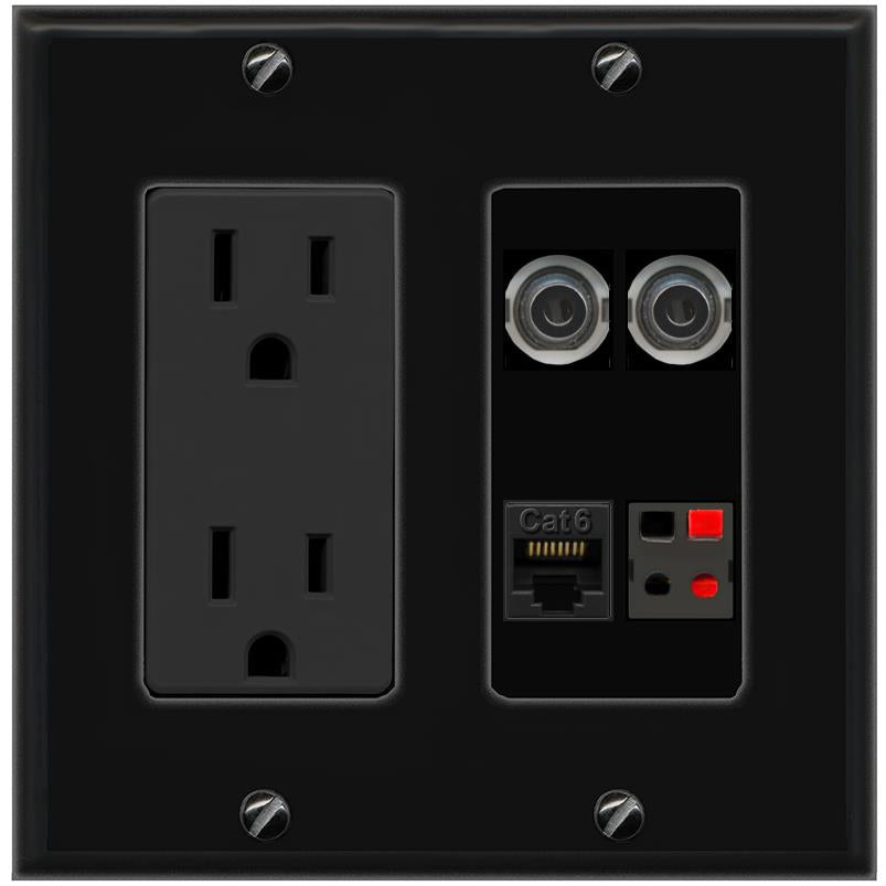 RiteAV 2 3.5mm CAT6 SPEAKER Wall Plate with 15A Power Outlet [Black]