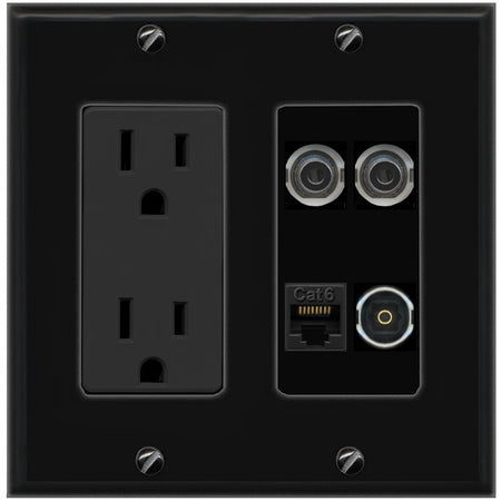 RiteAV 2 3.5mm CAT6 TOSLINK Wall Plate with 15A Power Outlet [Black]
