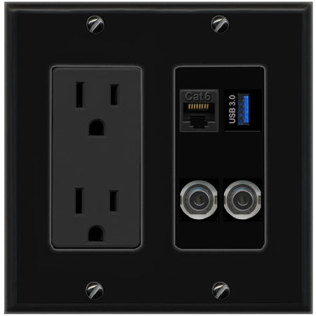 2 3.5mm CAT6 USB-3 Wall Plate [Black]
