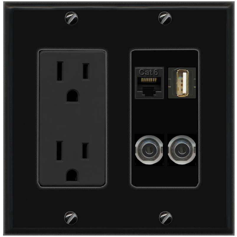 2 3.5mm CAT6 USB2 Wall Plate [Black]