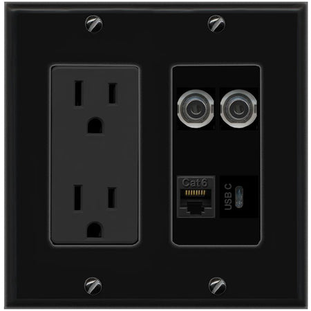 RiteAV 2 3.5mm CAT6 USBC Wall Plate with 15A Power Outlet [Black]