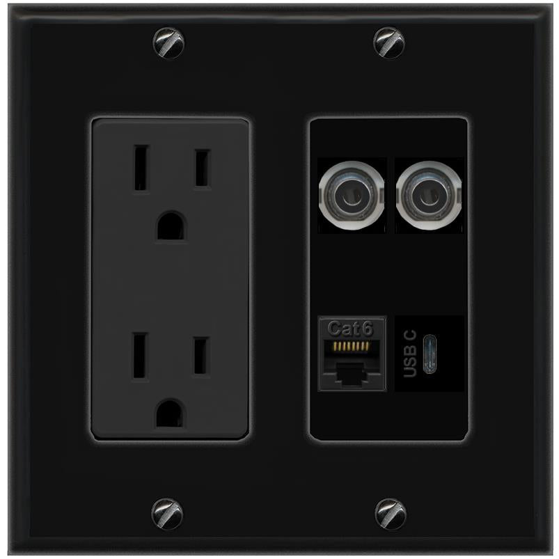 RiteAV 2 3.5mm CAT6 USBC Wall Plate with 15A Power Outlet [Black]
