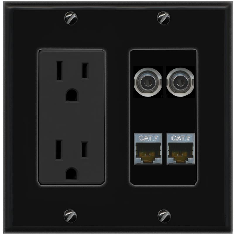RiteAV 2 3.5mm 2 CAT7 Wall Plate with 15A Power Outlet [Black]