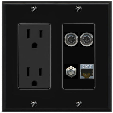 RiteAV 2 3.5mm CAT7 COAX Wall Plate with 15A Power Outlet [Black]