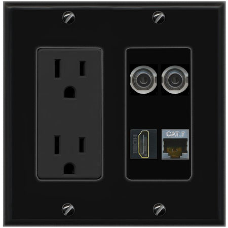 RiteAV 2 3.5mm CAT7 HDMI Wall Plate with 15A Power Outlet [Black]