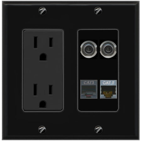 RiteAV 2 3.5mm CAT7 PHONE Wall Plate with 15A Power Outlet [Black]