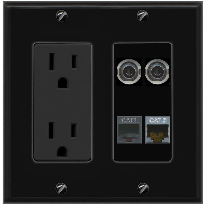 RiteAV 2 3.5mm CAT7 PHONE Wall Plate with 15A Power Outlet [Black]